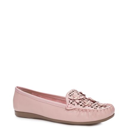 Mocassim Feminino Lasercut Flowers Couro Atanado - Rosa