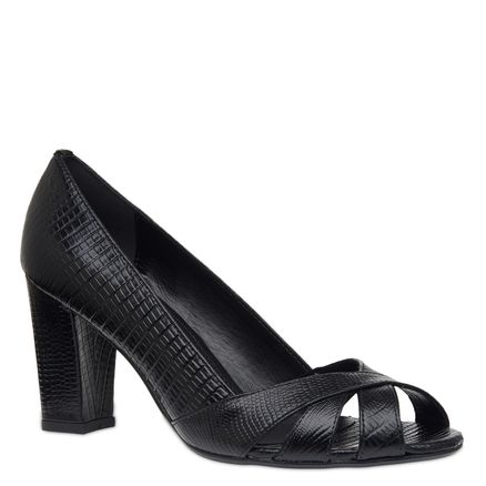 Peep Toe Strappy Couro - Couro Lezard Preto