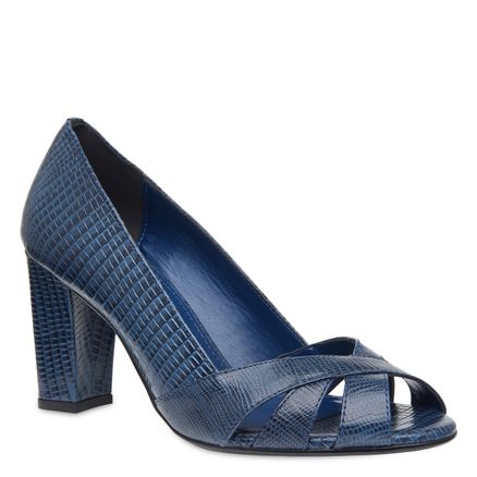 Peep Toe Strappy Couro - Couro Lezard Marinho
