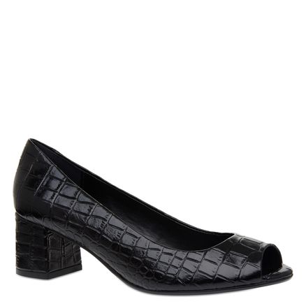 Peep Toe Salto Medio - Couro Croco Preto