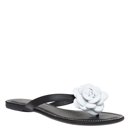 Rasteira Maxi Flor - Couro Preto/Flor Branca