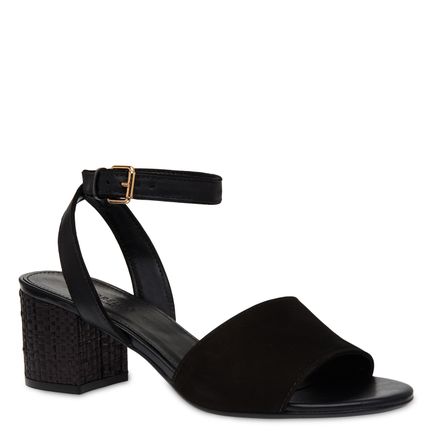 Sandália Salto Bloco Couro - Nobuck Preto/Atanado/Palha