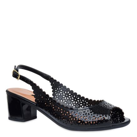 Peep Toe Lasercut Prata - Verniz Soft Preto