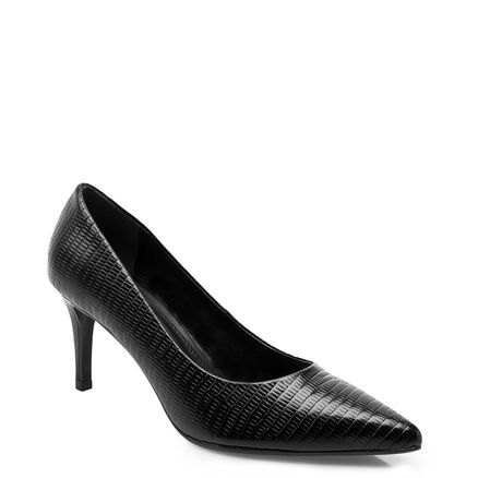 Scarpin Bico Fino Couro New Croco - Preto