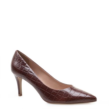 Scarpin Bico Fino Couro New Croco - Conhaque