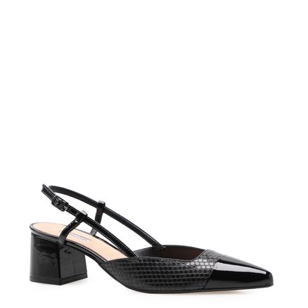Scarpin Slingback Salto Bloco Verniz Soft Couro Cobra - Preto
