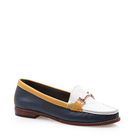 Mocassim Feminino Ferragem Couro Floater - Marinho Branco Amarelo
