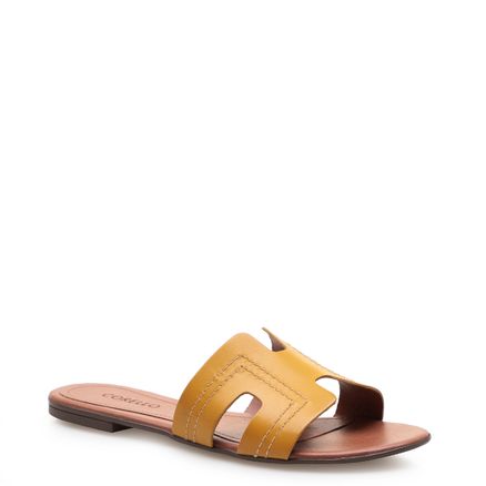 Rasteirinha Flat New Geometric Costuras - Couro Atanado Amarelo