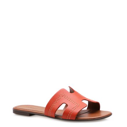 Rasteirinha Flat New Geometric Costuras - Couro Atanado Laranja