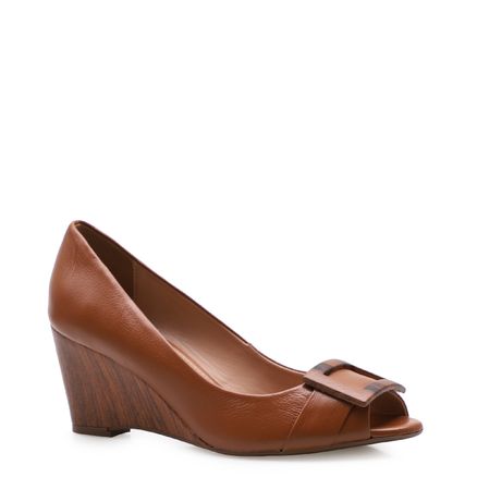 Peep Toe Wood Detail - Couro Fly Marrom