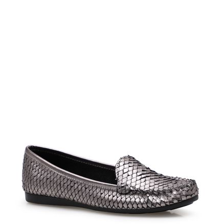 Mocassim Feminino Basic - Couro Python Prata Velho