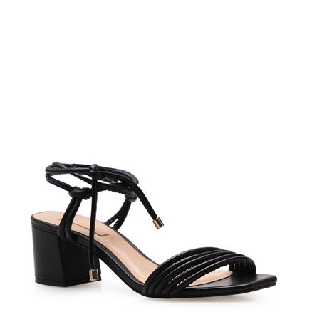 Sandália Feminina Salto Bloco Knot - Couro Veneto Preto