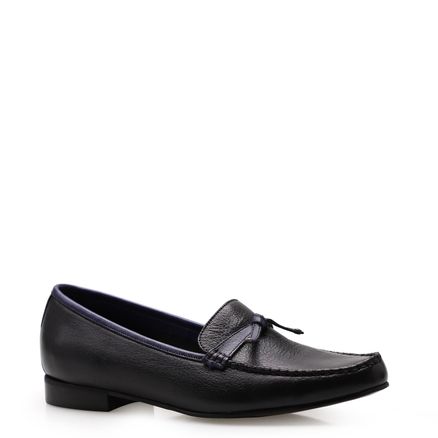 Mocassim Feminino Clássico Couro Pelica - Couro Pelica Preto/Royal