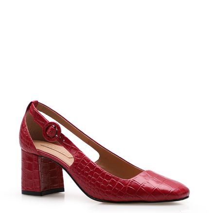 Scarpin Bico Quadrado - Couro Croco Vermelho