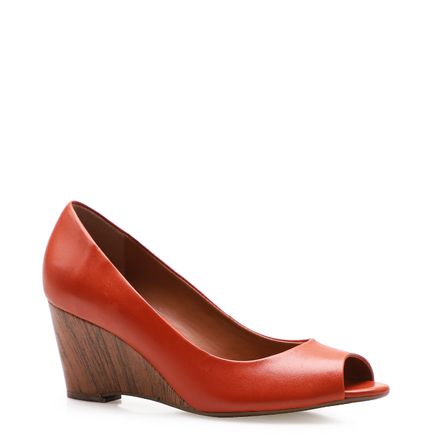 Peep Toe Anabela - Couro Atanado Laranja