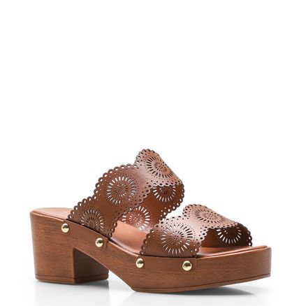 Mule Clog Lasercut - Couro Marrom