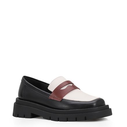 Mocassim Tratorado - Couro Preto/Marrom/Off White