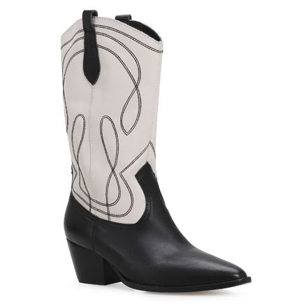 Bota Western - Couro Preto/Off White