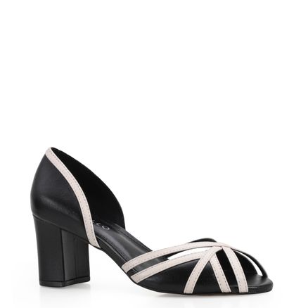 Peep Toe - Couro Preto/Off White