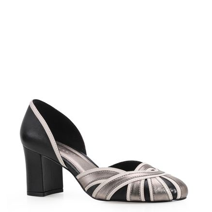 Scarpin - Couro Preto/Prata/Off White