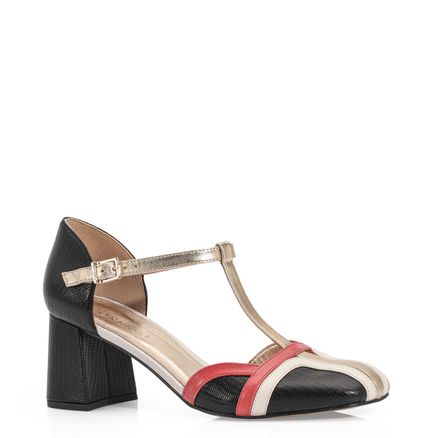 Scarpin - Couro Lezard Preto/Rosa/Champagne