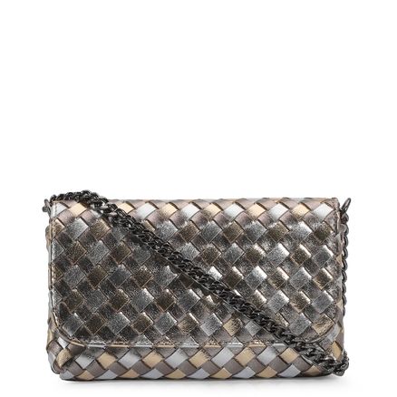 Bolsa Transversal Tressê - Couro Prata/Grafite/Dourado