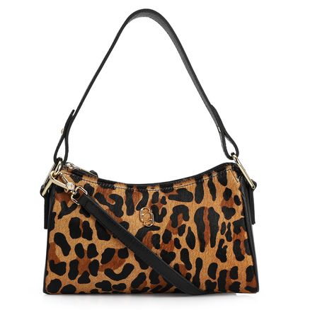 Bolsa De Ombro - Couro Preto/Estampa Onça