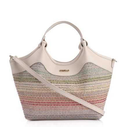 Bolsa Tote - Couro Off White/Ráfia Colorida