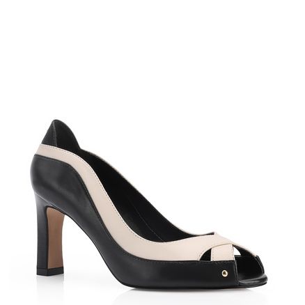 Peep Toe - Couro Preto/Off White