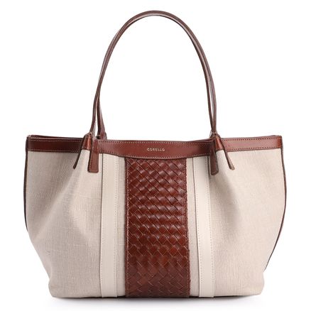 Bolsa Tote Tressê - Couro Marrom/Linho Off White