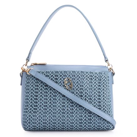 Bolsa De Ombro Crochet - Couro Azul Claro