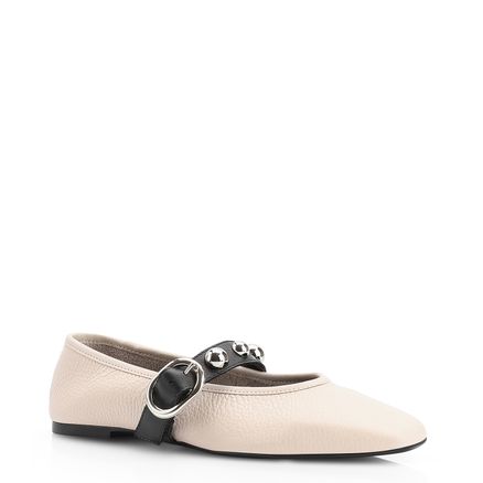 Sapatilha Esferas - Couro Off White/Preto Fivela