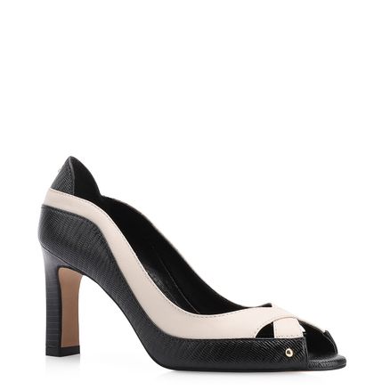 Peep Toe - Couro Lezard Preto/Couro Off White