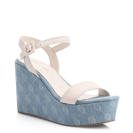 Sandália Anabela - Couro Off White/Monograma Azul Jeans
