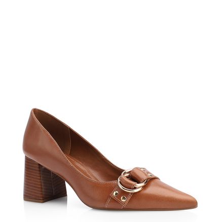 Scarpin Argola - Couro Marrom Rebites