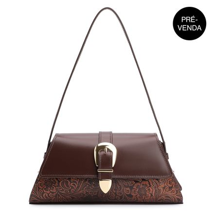 Bolsa De Ombro Fivela - Couro Marrom Xilogravura
