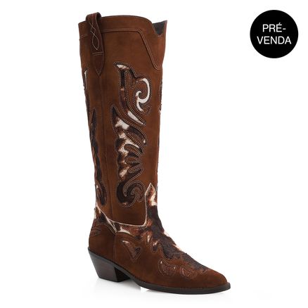 Bota Western - Couro Camurça Marrom/Couro Pelo Vaca