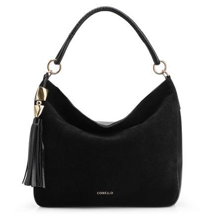 Bolsa Hobo - Couro Camurça Preto/Couro Preto