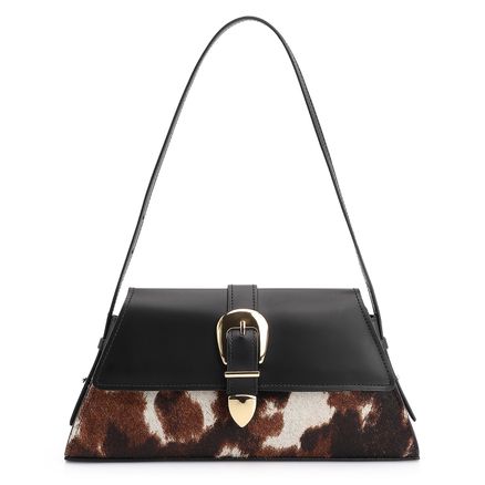 Bolsa De Ombro Fivela - Couro Preto/Couro Pelo Vaca