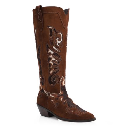 Bota Western - Couro Camurça Marrom/Couro Pelo Vaca