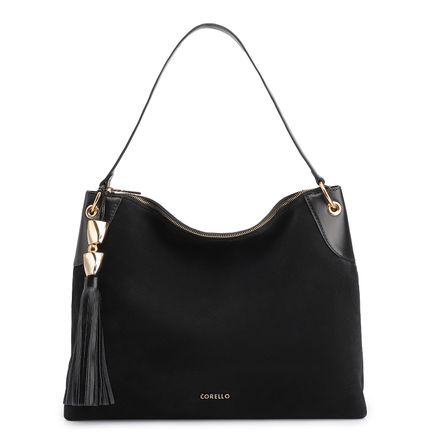 Bolsa Hobo Argola - Couro Camurça/Couro Preto