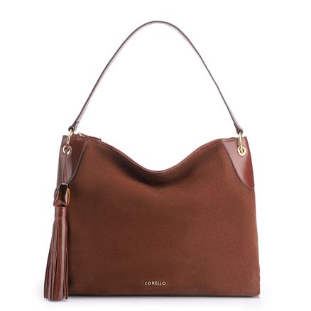 Bolsa Hobo Argola - Couro Camurça/Couro Marrom Escuro