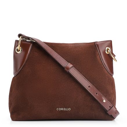 Bolsa Transversal Argola - Couro Camurça/Couro Marrom Escuro