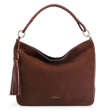 Bolsa Hobo - Couro Camurça/Couro Marrom Escuro