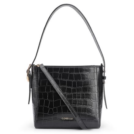 Bolsa De Ombro Fivela - Couro Croco Preto