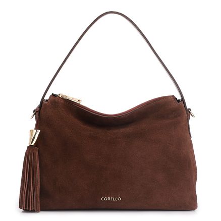 Bolsa Hobo - Couro Camurça/Couro Marrom Escuro