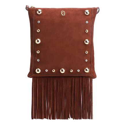 Bolsa Transversal Franjas - Couro Camurça/Couro Marrom Escuro