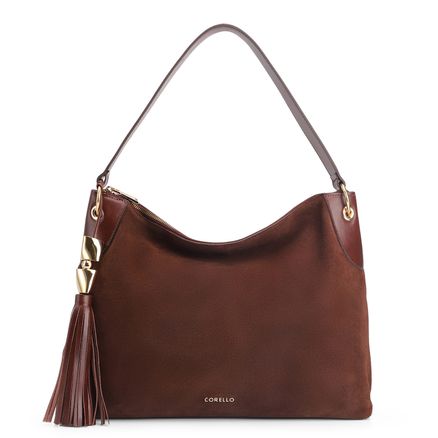 Bolsa Hobo Argola - Couro Camurça/Couro Marrom Escuro