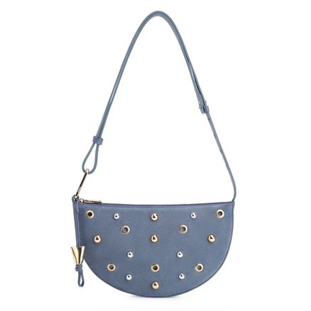 Bolsa De Ombro Aplicações - Couro Camurça/Couro Azul