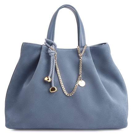 Bolsa Tote Bag Charm - Couro Camurça/Couro Azul